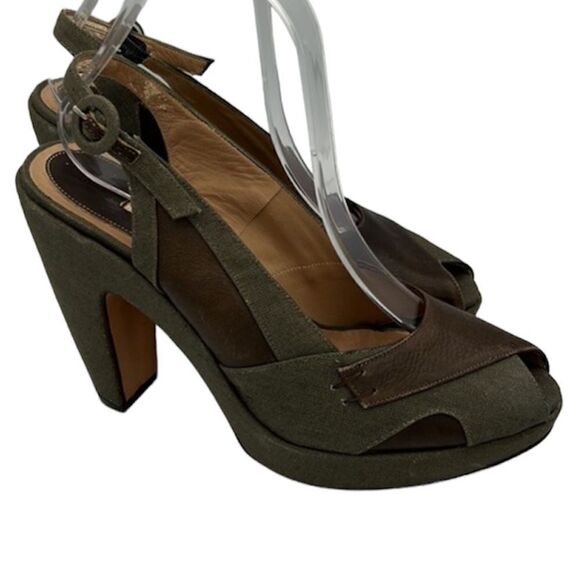 Marni Green Canvas & Brown Leather Peep Toe Slingback Platform Heels EU 40 US 10 - Picture 1 of 12